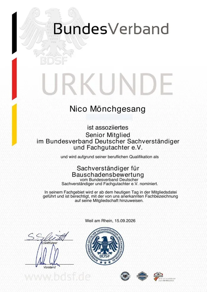BDSF-Urkunde Sachverständiger für Bauschadensbewertung