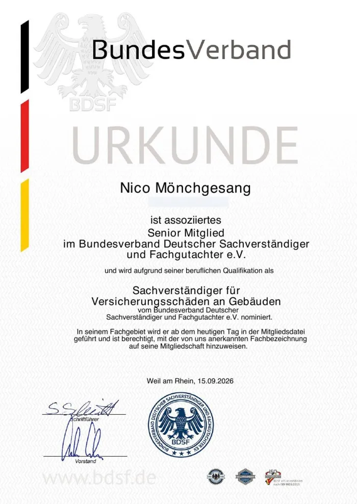 BDSF-Urkunde Sachverständiger für Versicherungsschäden an Gebäuden