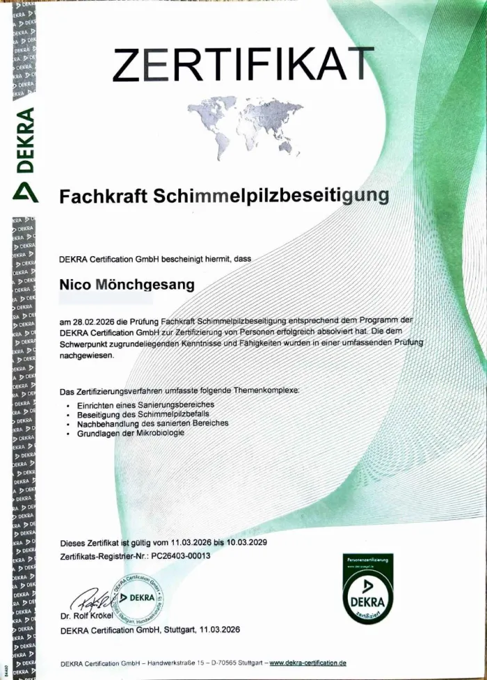DEKRA-Zertifikat Fachkraft Schimmelpilzbeseitigung