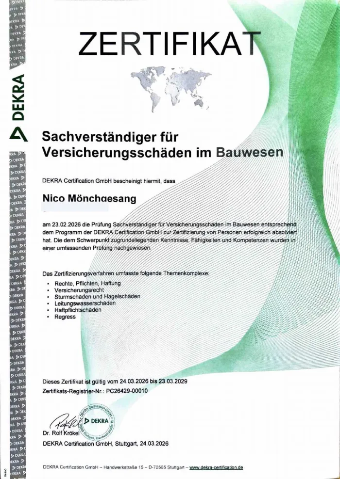 DEKRA-Zertifikat Sachverständiger für Versicherungsschäden im Bauwesen
