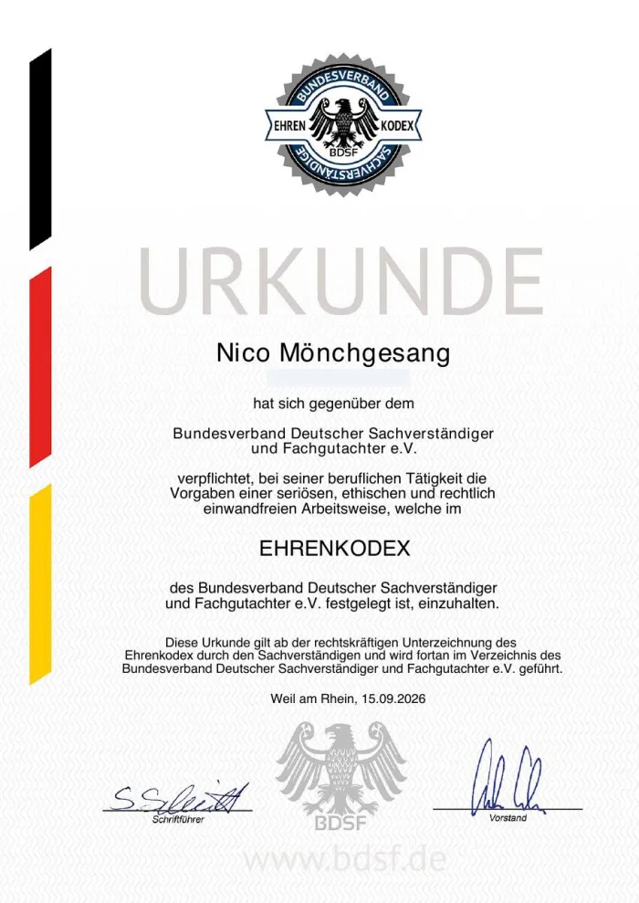 BDSF-Urkunde Verpflichtung zum Ehrenkodex