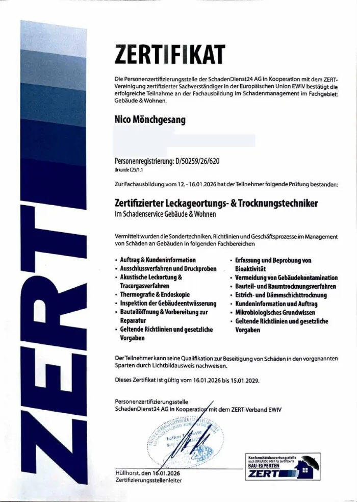 Zertifikat Leckageortungs- und Trocknungstechniker (SchadenDienst24 / ZERT)